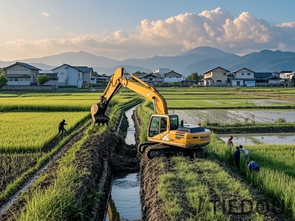 一台挖掘机正在农田里挖掘水渠，旁边有田埂和稻田，画面充满乡村风情。_WH_1000x750px.webp